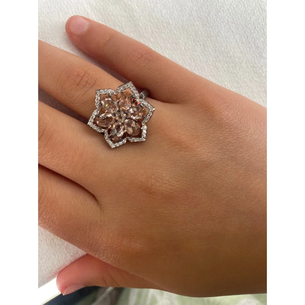 Champagne Crystal Flower Cocktail Ring Silver Tone Hexagon Statement Size 8